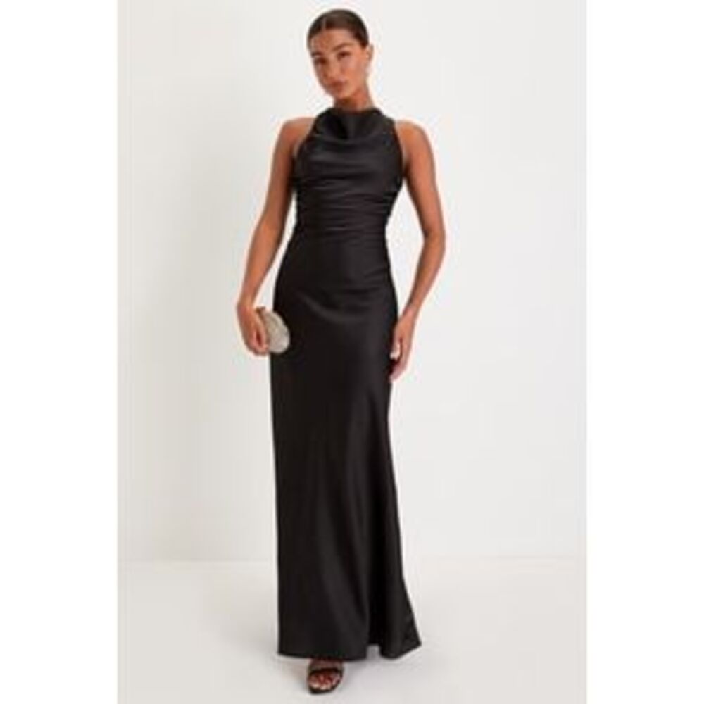 Lulu's Black Satin Cowl Neck Evening Gown